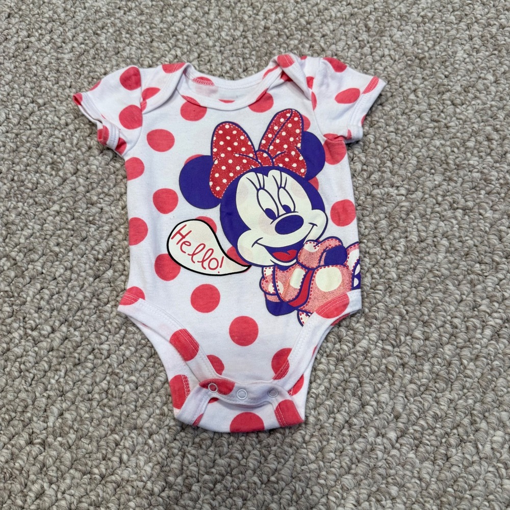 Disney‎ Baby Minnie Mouse Hello Polka Dot Bodysuit Size Newborn White Pink